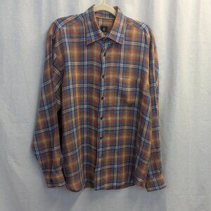 Robert Talbott Size Large Orange/Blue Plaid Button Down in 100% Linen